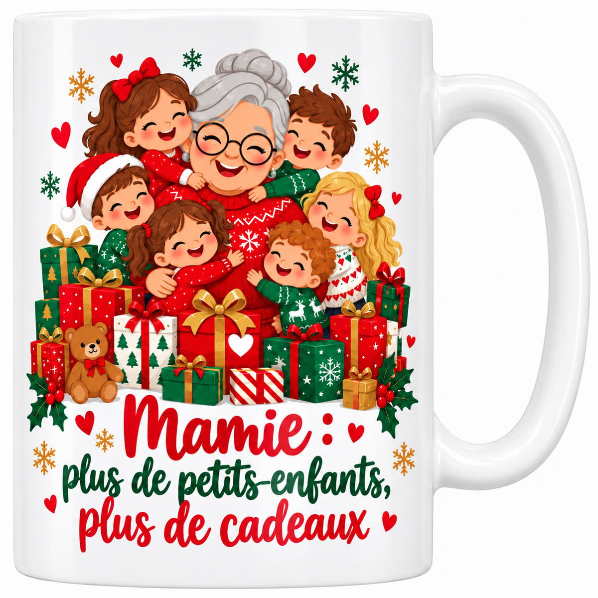 Mug blanc céramique de Noël Mamie Cadeaux : une mamie aux lunettes rondes disparaît presque sous ses petits-enfants qui l'embrassent, au milieu d'une montagne de cadeaux