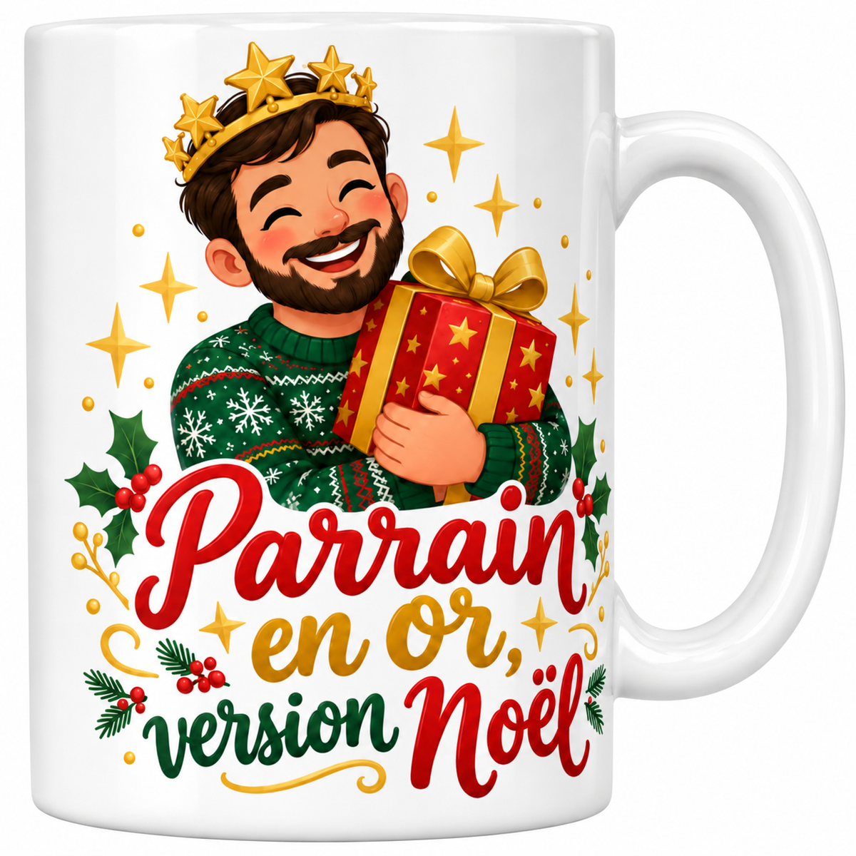 Mug blanc céramique de Noël Parrain : un parrain couronné d'étoiles dorées serre un cadeau rouge et or contre lui, au milieu d'étincelles dorées et de houx
