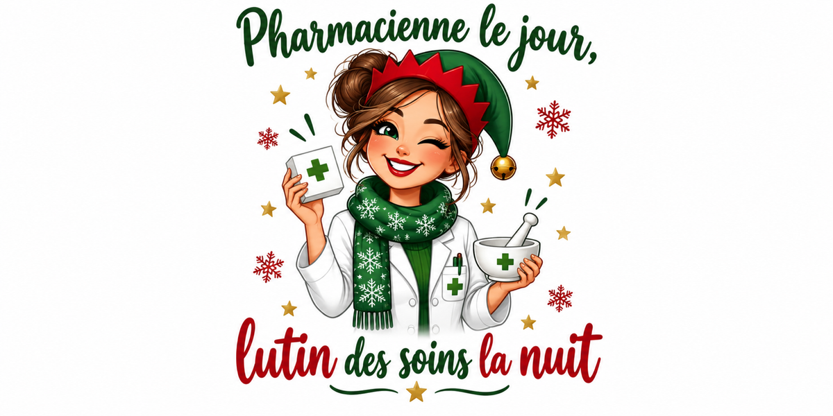 Visuel à plat du mug de Noël « Pharmacienne le jour, lutin des soins la nuit », lettrage rouge et vert sapin sur fond blanc