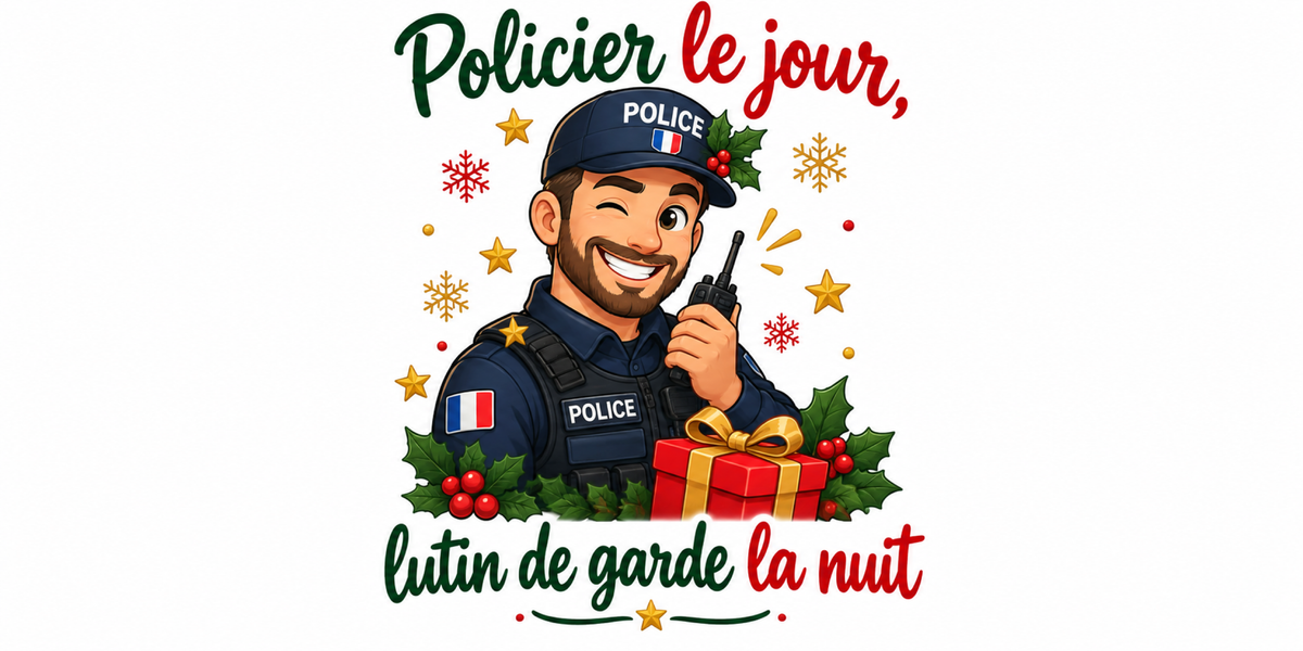 Visuel à plat du mug de Noël « Policier le jour, lutin de garde la nuit », lettrage rouge et vert sapin sur fond blanc