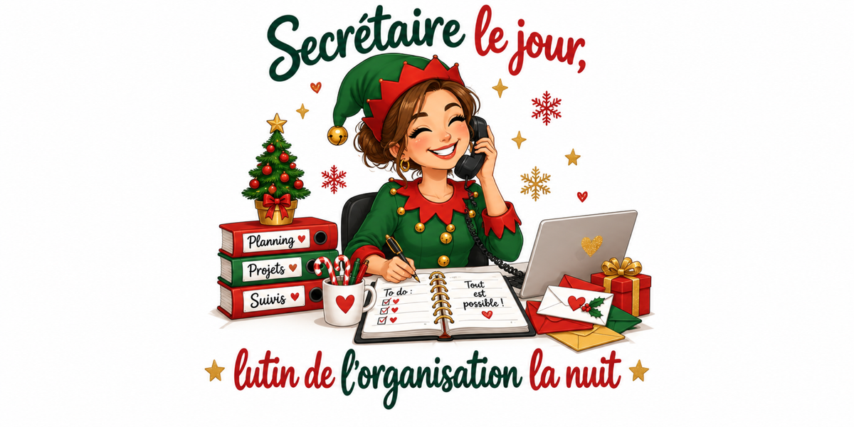 Visuel à plat du mug de Noël « Secrétaire le jour, lutin de l'organisation la nuit », lettrage rouge et vert sapin sur fond blanc