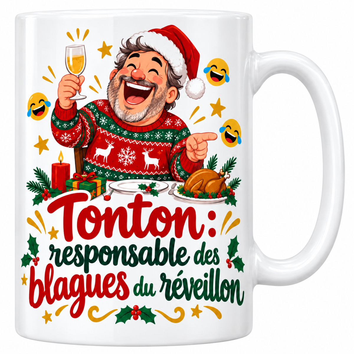 Mug blanc céramique de Noël Tonton : un tonton hilare en bonnet de Père Noël lève sa coupe de champagne à table, devant la dinde, entouré d'émojis qui pleurent de rire