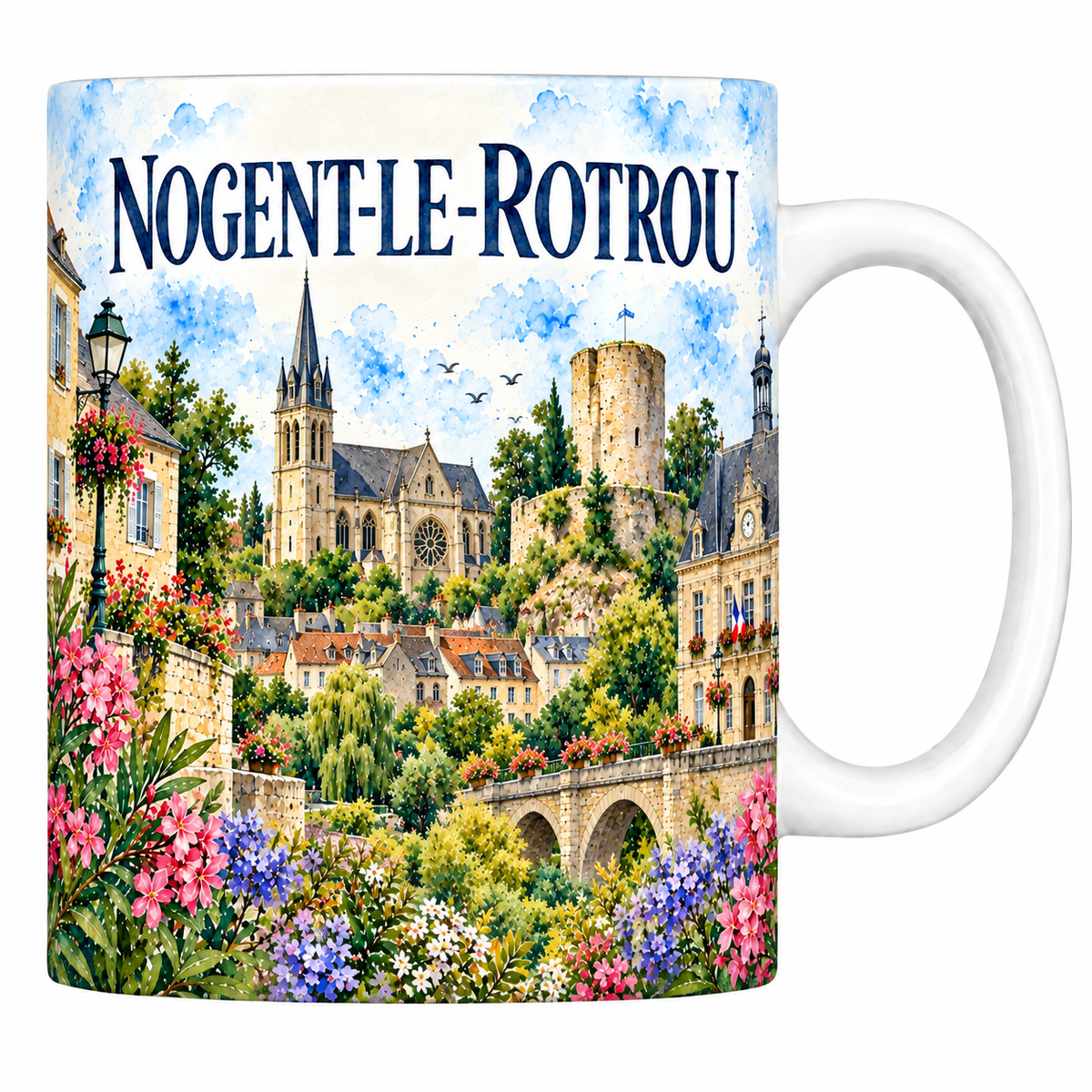 Mug blanc en céramique 330 ml illustré Nogent-le-Rotrou à l'aquarelle : le donjon Saint-Jean, l'église et le pont sur l'Huisne