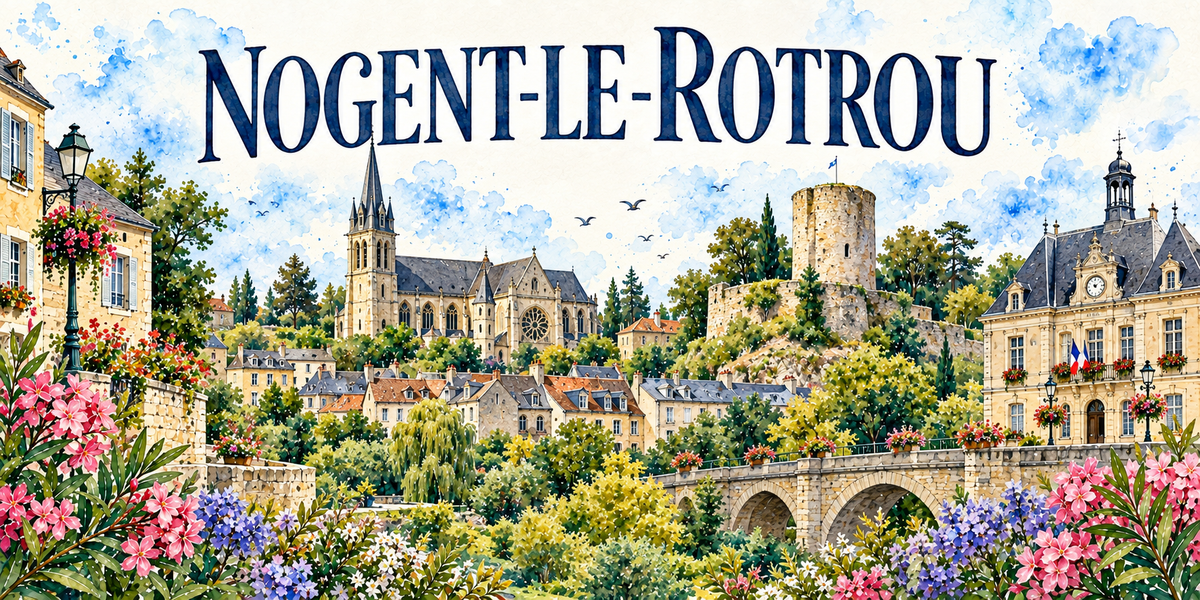 Illustration aquarelle de Nogent-le-Rotrou : donjon carré à sommet plat sur sa butte verte, grande église gothique et sa flèche, hôtel de ville à toit d'ardoise avec horloge et drapeaux, pont de pierre à arches sur l'Huisne, hortensias et lavande