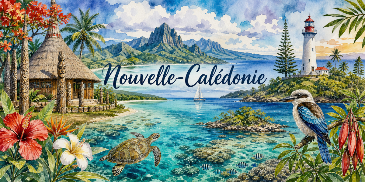 Visuel Nouvelle-Calédonie aquarelle : case kanak, phare Amédée, cagou, tortue et lagon turquoise