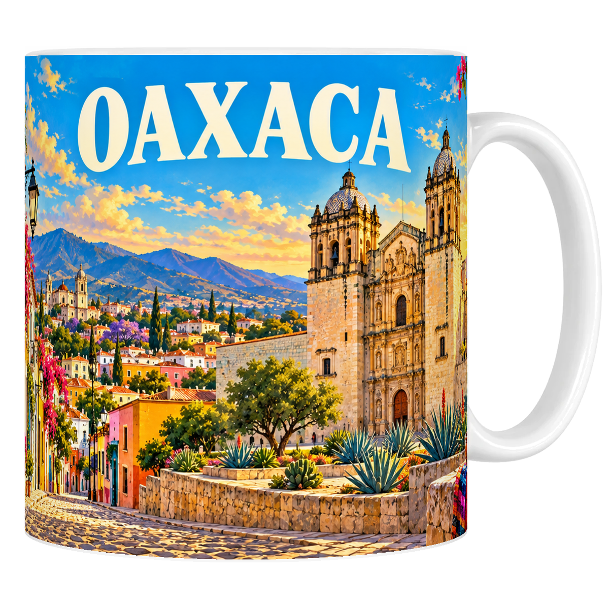 Mug en céramique blanche 330 ml illustré de l'église Santo Domingo de Oaxaca et des agaves bleus, style affiche vintage
