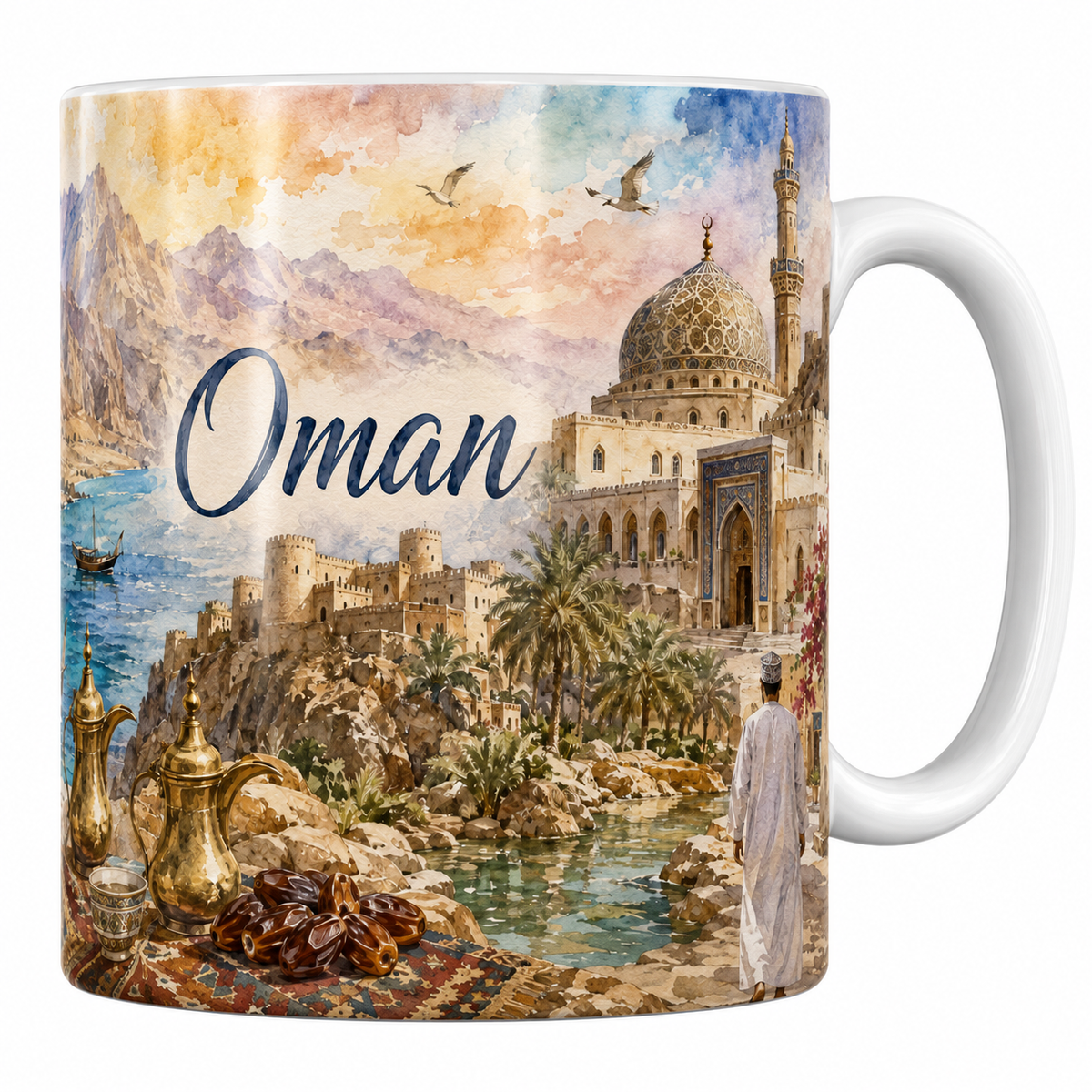Mug céramique 330 ml Oman aquarelle : Mosquée Sultan Qaboos, boutre et fort