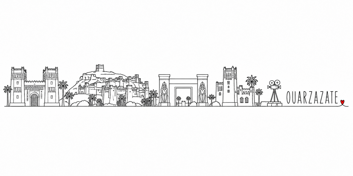 Skyline d'Ouarzazate dessiné au trait noir continu, de gauche à droite : la kasbah et ses tours crénelées à motifs de terre, le ksar étagé sur sa colline et les palmiers, le décor de cinéma à portique et sphinx, la seconde kasbah et ses palmiers, la caméra de cinéma sur son trépied — avec le nom OUARZAZATE en capitales espacées et un petit cœur rouge