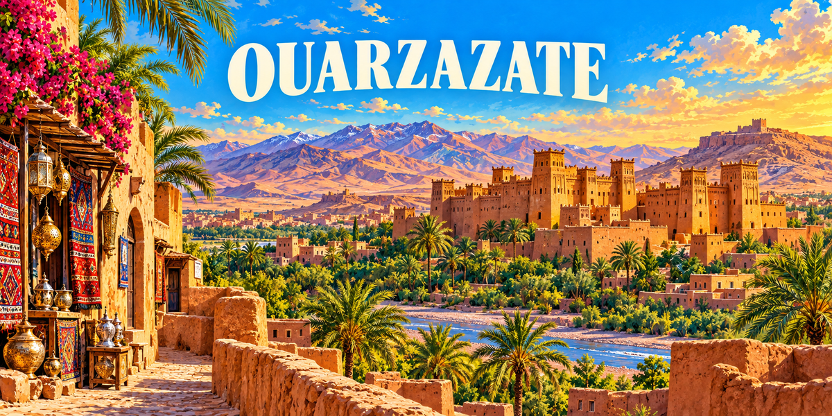 Illustration affiche vintage Ouarzazate : arcade du souk et ses tapis, kasbah de terre crue et ses tours, palmeraie du Draâ et montagnes ocre
