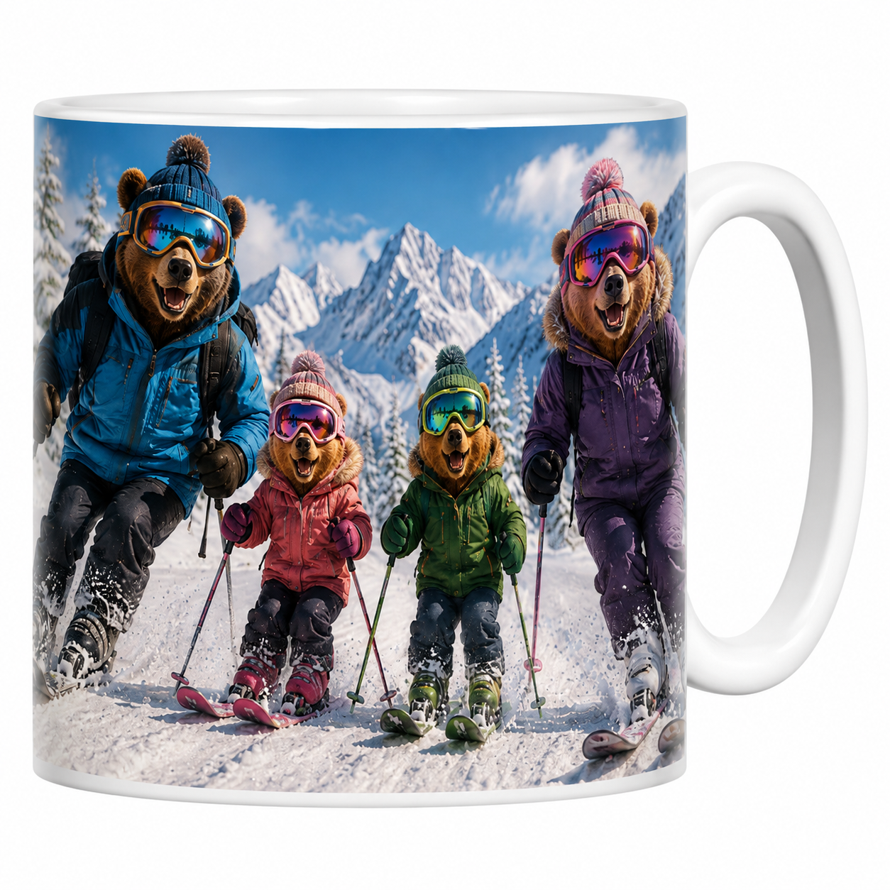Mug ours au ski en céramique blanche, famille d'ours masques colorés sur la Piste du Bonheur
