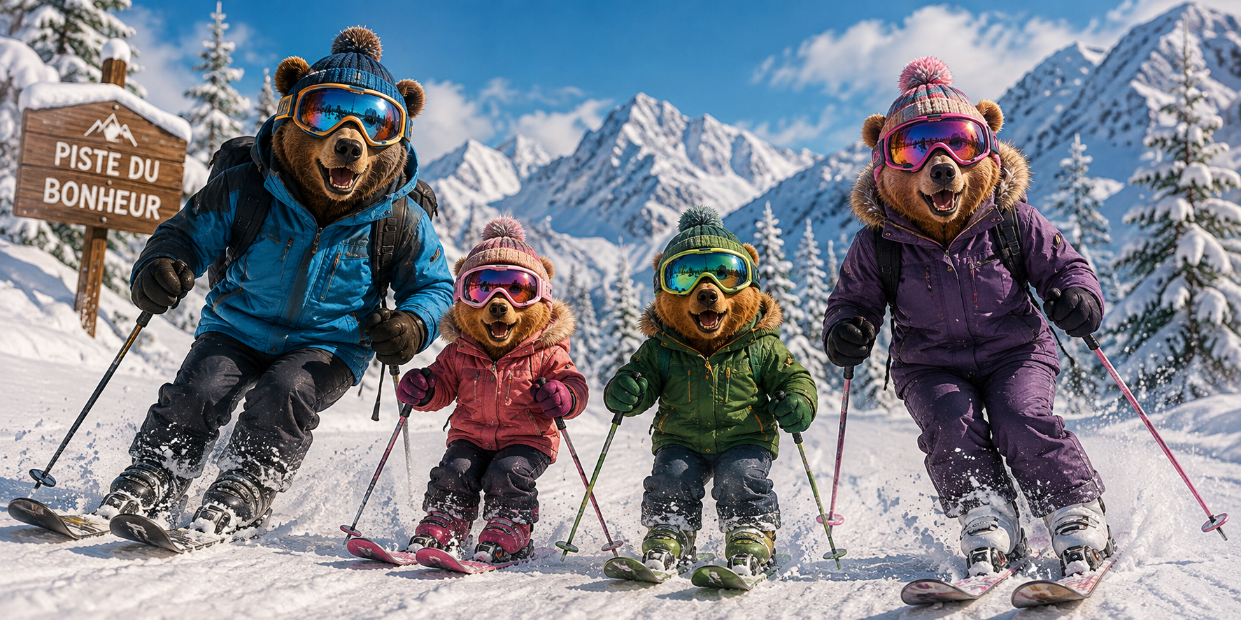 Visuel ours au ski : quatre ours en doudounes dévalent la poudreuse, pancarte Piste du Bonheur