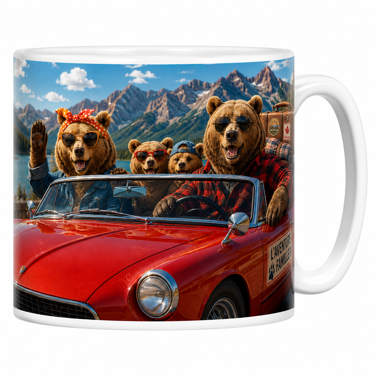 Mug ours road trip en céramique blanche, famille d'ours en cabriolet rouge, valises sur le toit