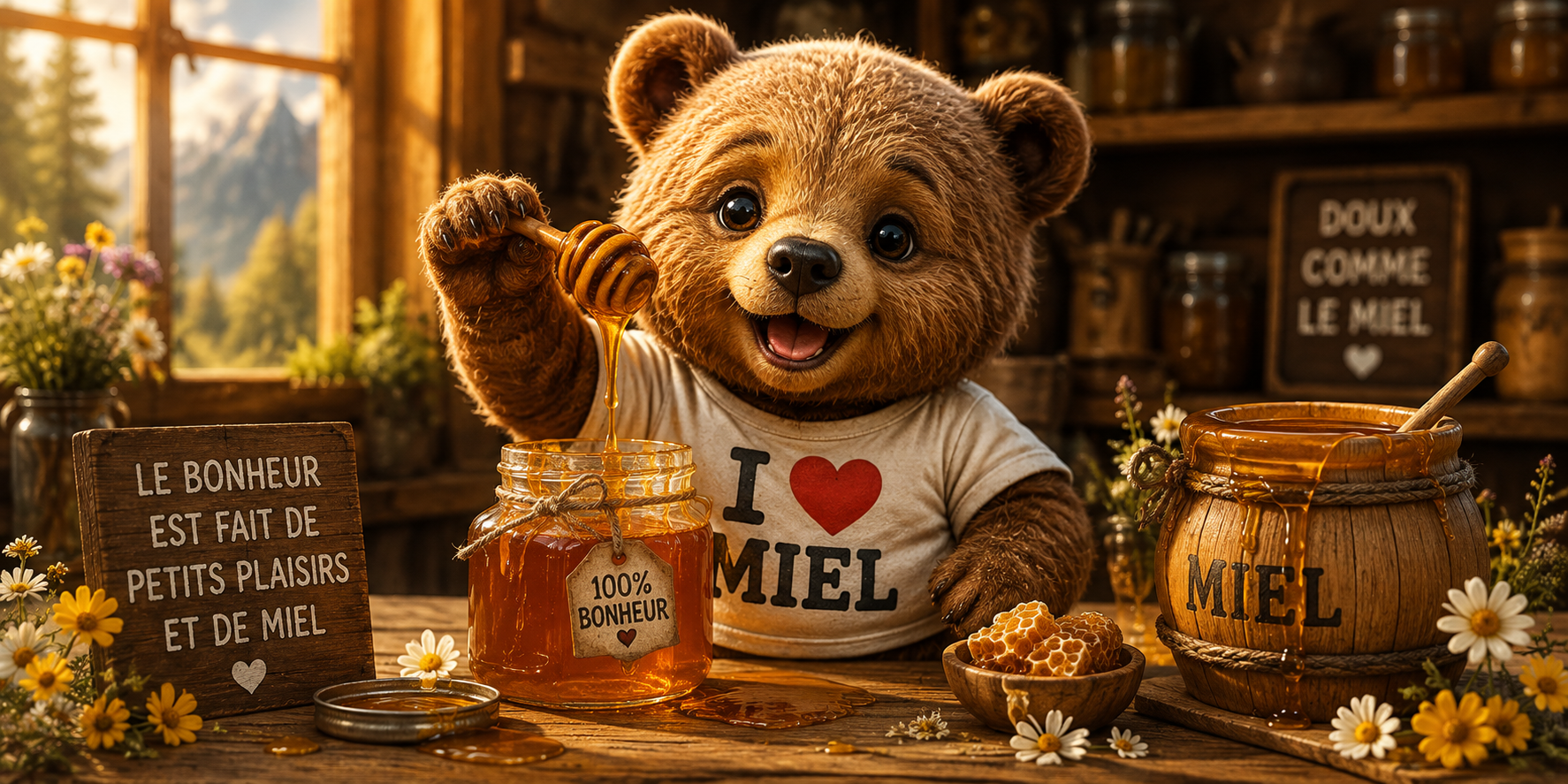 Visuel ourson I Love Miel 100% bonheur : patte plongée dans le pot de miel, abeilles et gouttes dorées
