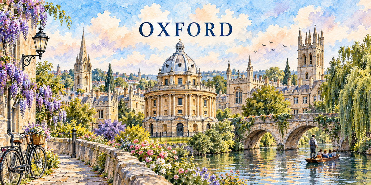 Illustration aquarelle d'Oxford : la glycine et un vélo contre un muret, la rivière et sa barque à perche, le pont couvert de lierre, la Radcliffe Camera et les flèches des collèges