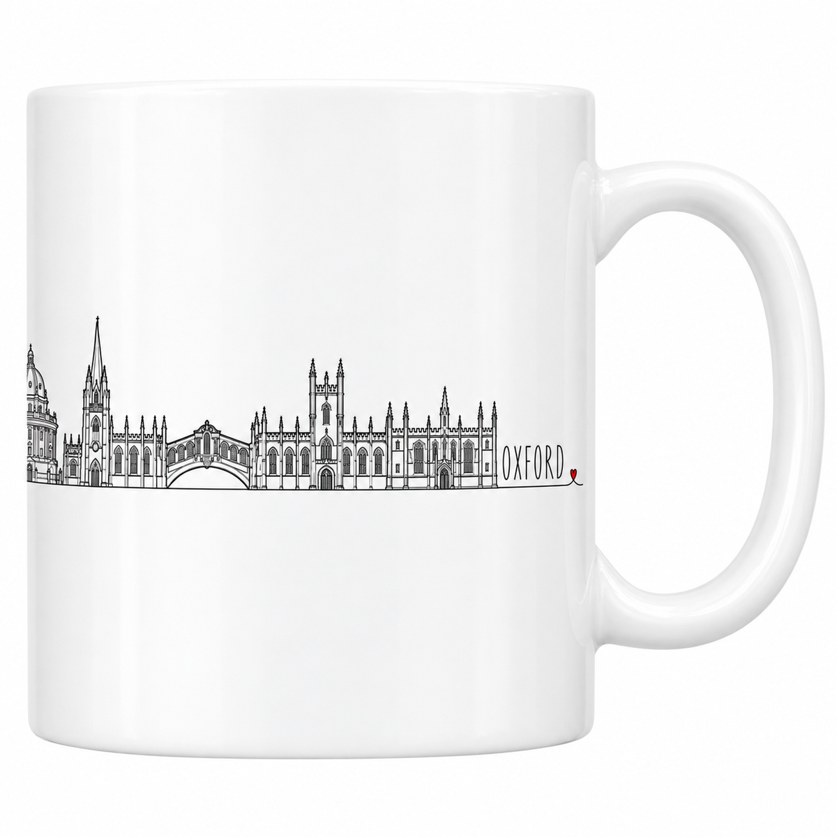 Mug blanc en céramique 330 ml illustré du skyline d'Oxford au trait noir : Radcliffe Camera, pont des Soupirs de Hertford College, tours jumelles d'All Souls et flèches gothiques