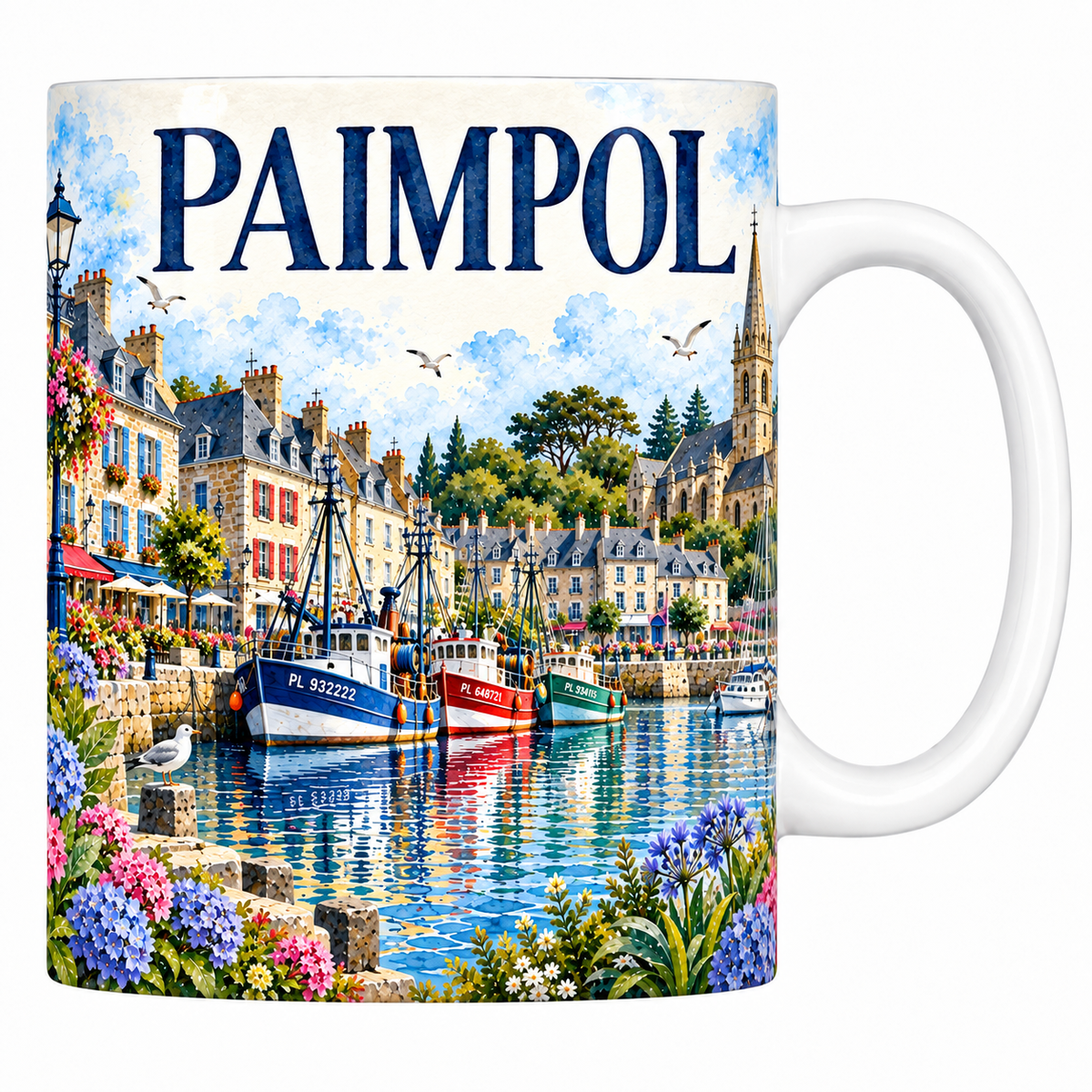 Mug blanc en céramique 330 ml illustré Paimpol à l'aquarelle : le bassin à flot, les voiliers, les quais et les hortensias
