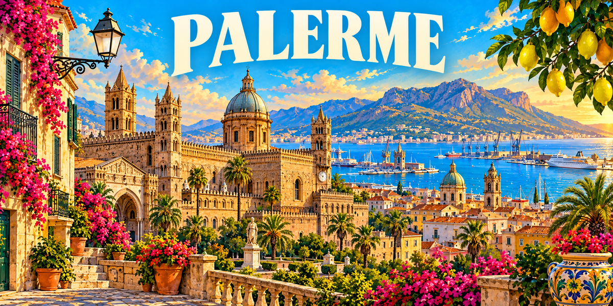 Affiche illustrée de Palerme : cathédrale normande à coupole vert-de-gris, palmiers, port et mont Pellegrino au soleil couchant