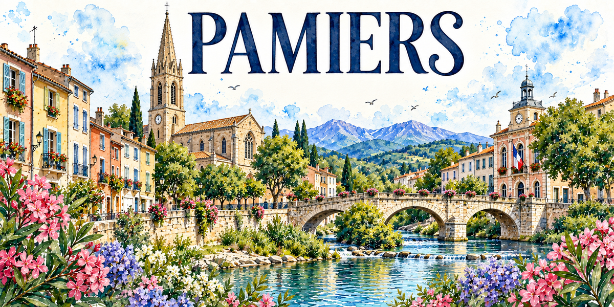 Aquarelle de Pamiers : clocher de brique, façades pastel, pont sur l'Ariège, hôtel de ville et Pyrénées