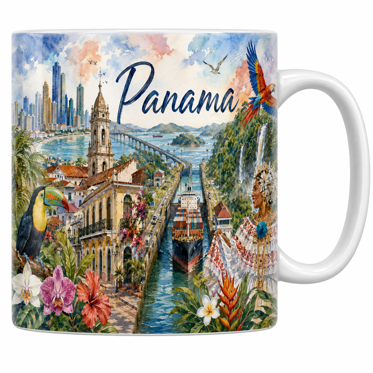 Mug céramique 330 ml Panama aquarelle : écluses du canal, Casco Viejo et pollera