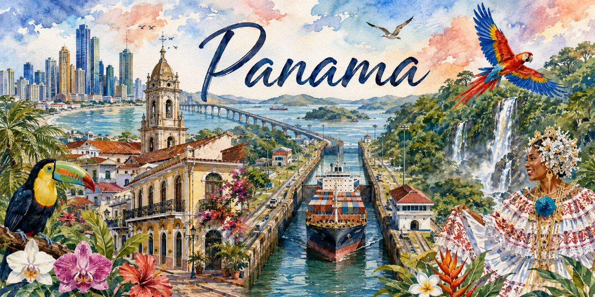 Visuel Panama aquarelle : écluses du canal, porte-conteneurs, Casco Viejo, pollera et toucan
