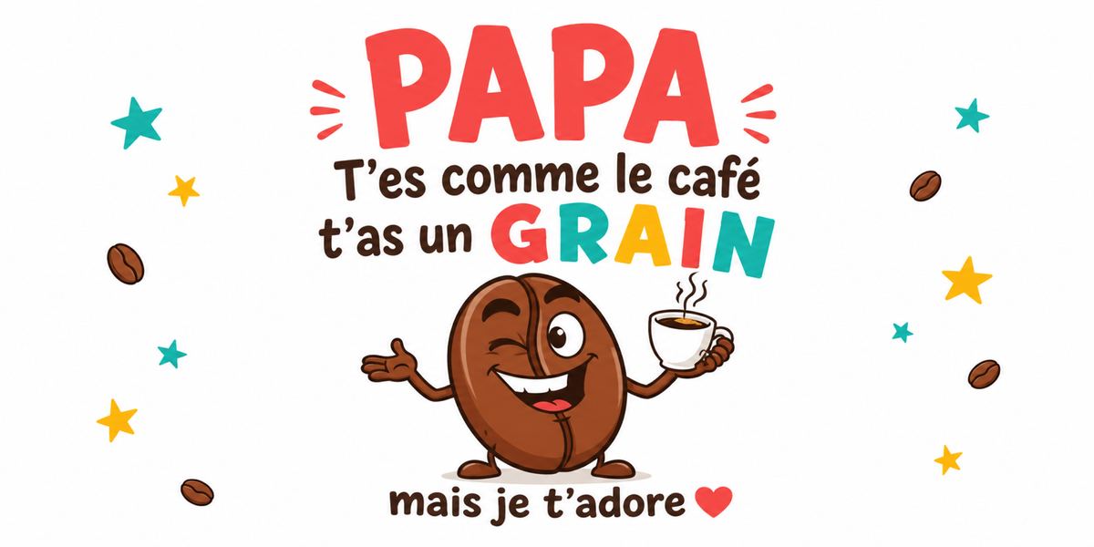 Visuel Papa humour : PAPA en lettres corail, grain de café à la tasse, étoiles et grains
