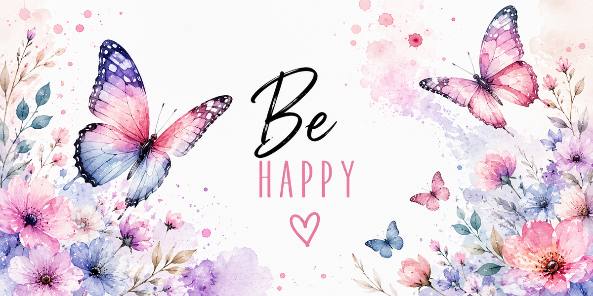Visuel papillon Be Happy : trois papillons roses et violets, fleurs lavande et éclaboussures aquarelle
