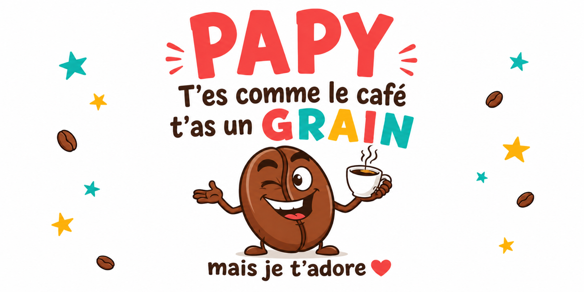 Visuel Papy humour : PAPY en lettres corail, grain de café à la tasse, étoiles et grains