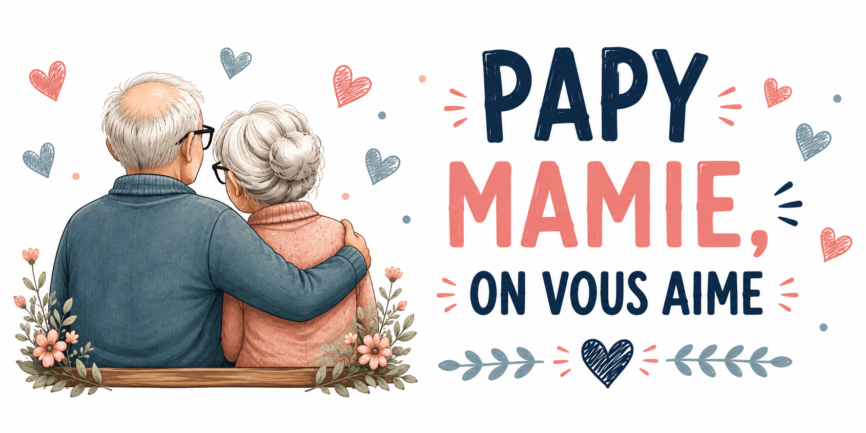 Visuel Papy Mamie on vous aime : couple de grands-parents assis sur un banc, fleurs et pluie de cœurs