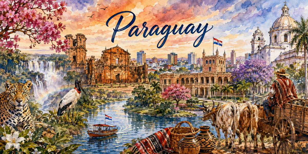 Visuel Paraguay aquarelle : missions jésuites, Asunción, jaguar, jabiru, lapachos roses et ñandutí