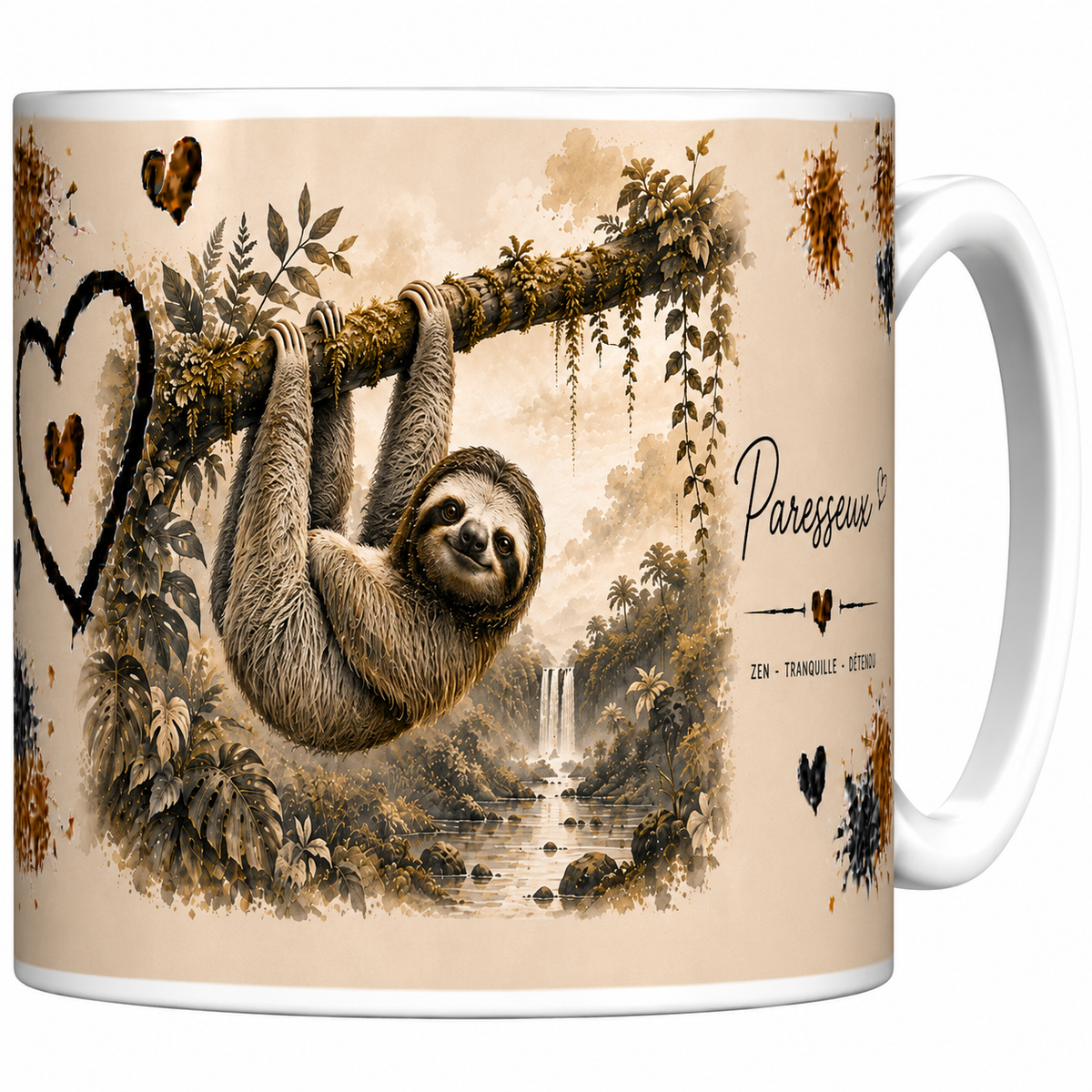 Mug céramique blanc Paresseux « Zen, tranquille, détendu » : paresseux suspendu à sa branche, grand cœur