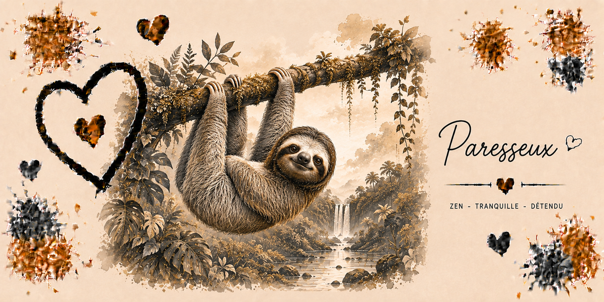 Design du mug Paresseux : paresseux accroché à sa branche dans la jungle, gravure sépia et cœur noir esquissé