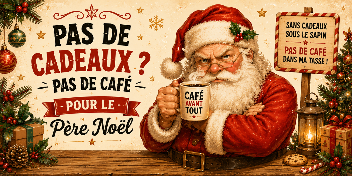 Design du mug Pas de Cadeaux Pas de Café : Père Noël bras croisés, mug Café avant tout et panneau d'ultimatum