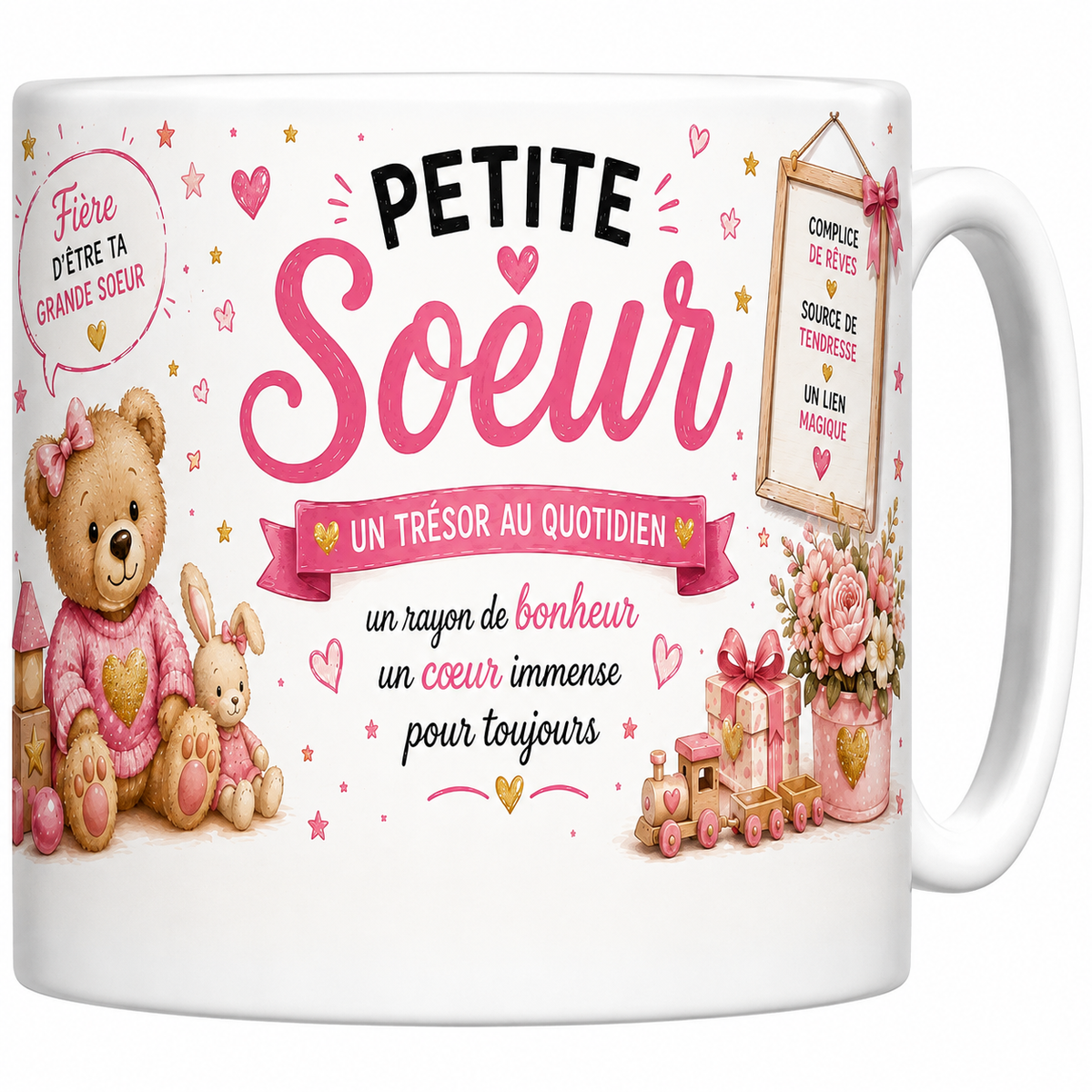 Mug céramique blanc Petite Sœur « Un trésor au quotidien » : oursonne au lapin et fleurs roses