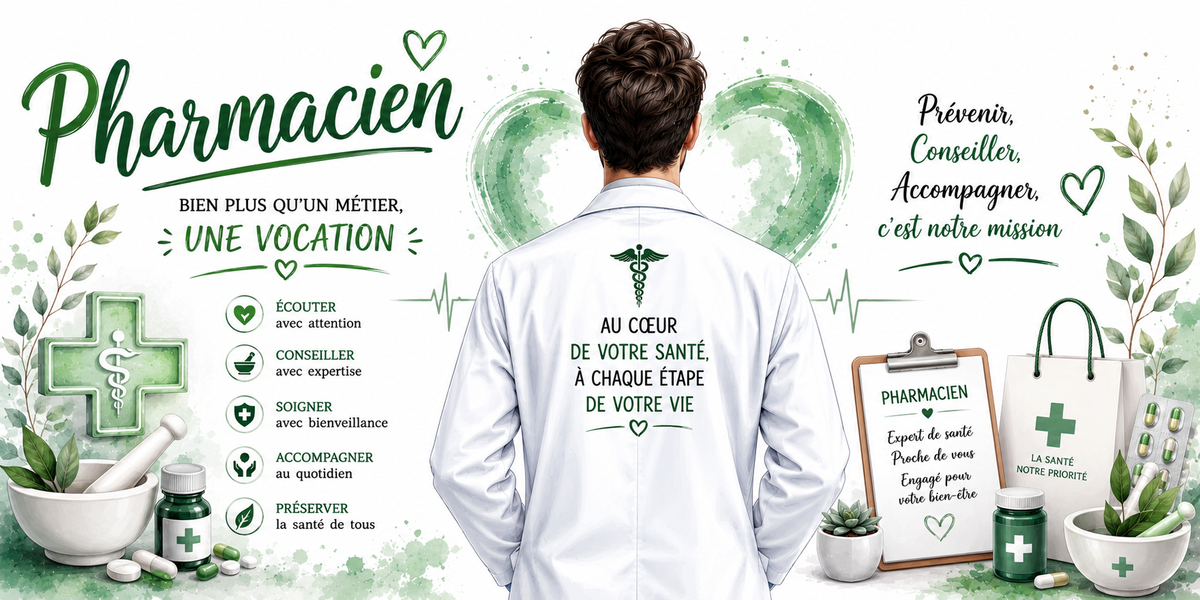 Visuel pharmacien vert : croix de pharmacie, mortier, gélules et Prévenir conseiller accompagner