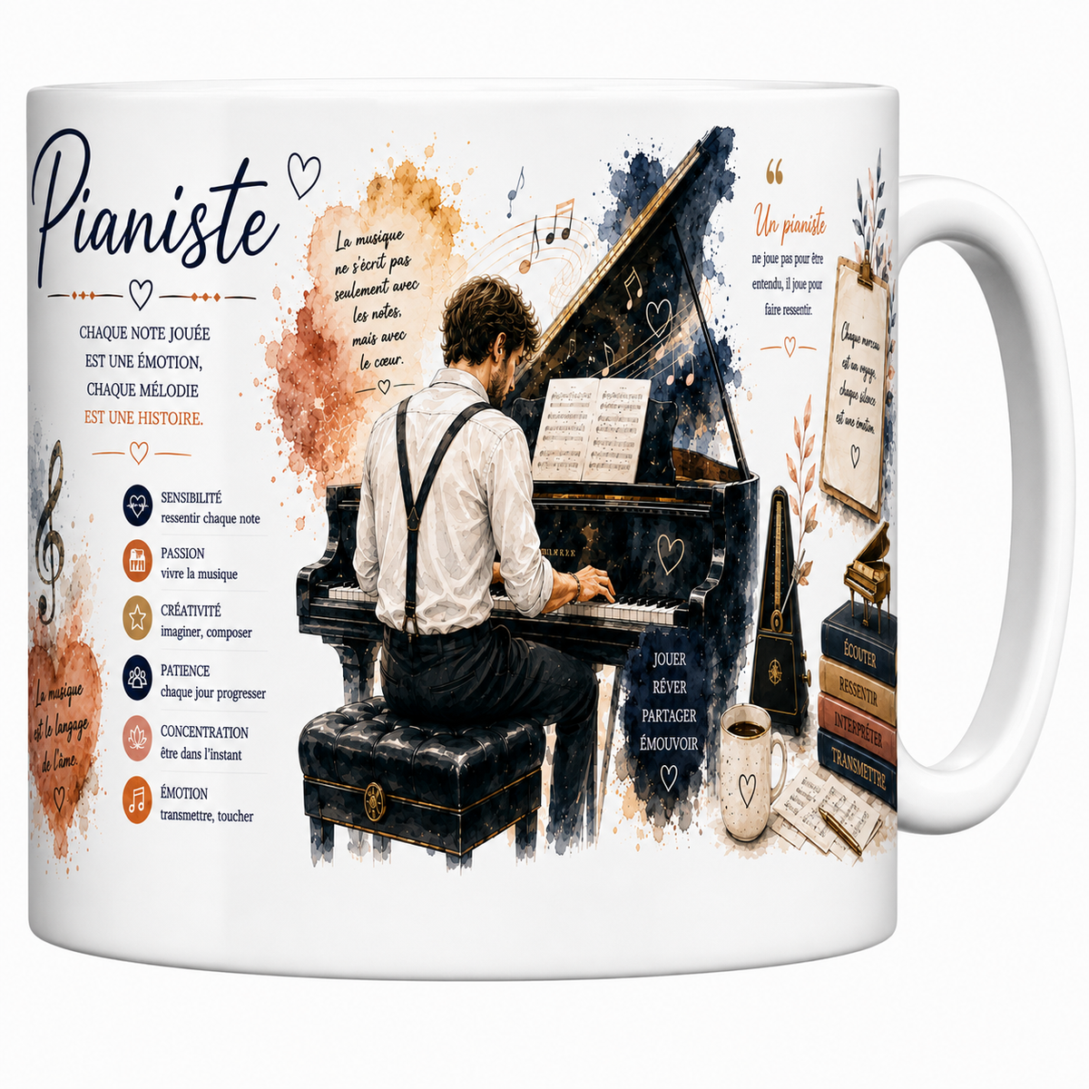 Mug céramique blanc Pianiste « Chaque note jouée est une émotion, chaque mélodie est une histoire »