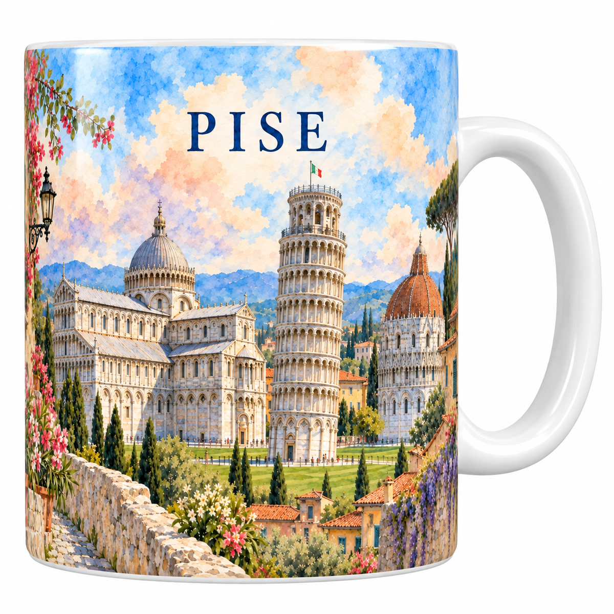Mug blanc Pise aquarelle avec la tour penchée, le Duomo et le baptistère