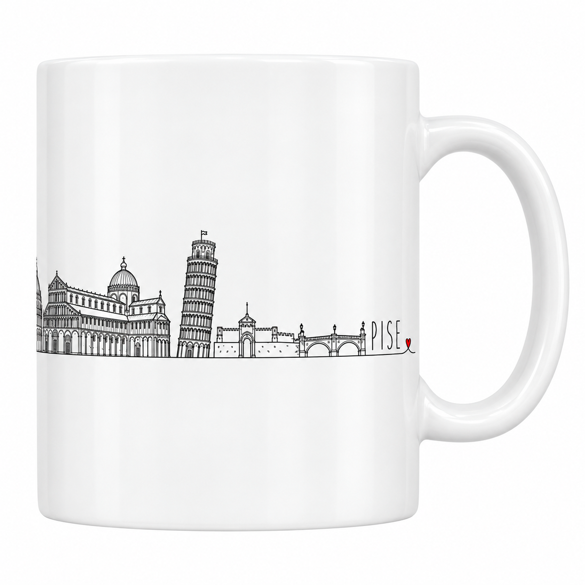 Mug blanc en céramique 330 ml illustré du skyline de Pise au trait noir : baptistère circulaire, Duomo à loggias, tour penchée et mur du cimetière monumental