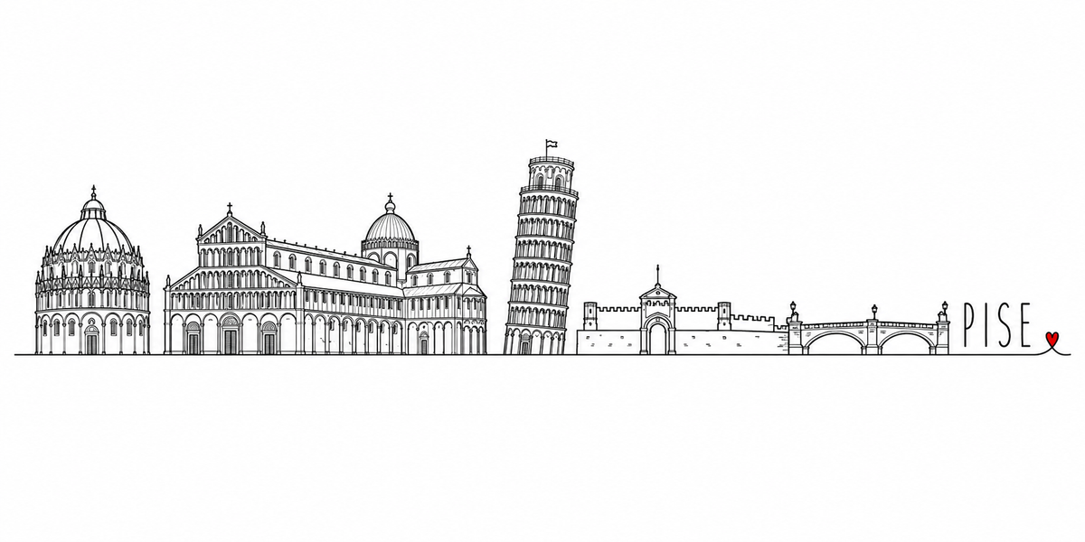 Skyline de Pise dessiné au trait noir continu, de gauche à droite : le baptistère circulaire à coupole et arcatures, le Duomo et ses loggias superposées, la tour penchée avec son drapeau, le mur crénelé et la porte du cimetière monumental, et le pont sur l'Arno avec ses lampadaires — avec le nom PISE en capitales espacées et un petit cœur rouge
