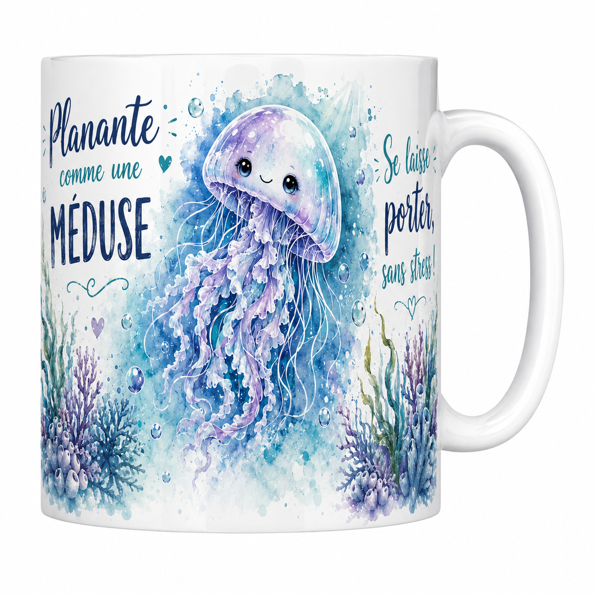 Mug céramique blanc « Planante comme une méduse », méduse mauve et coraux violets à l'aquarelle