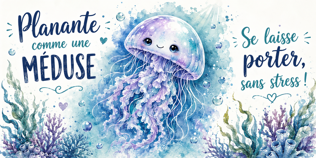 Méduse mauve aux filaments déployés à l'aquarelle : « Planante comme une méduse. Se laisse porter, sans stress »