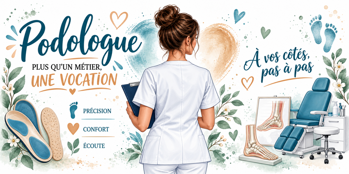 Visuel « Podologue, à vos côtés pas à pas » : podologue de dos en blouse blanche, semelles orthopédiques, fauteuil de podologie et schéma osseux du pied