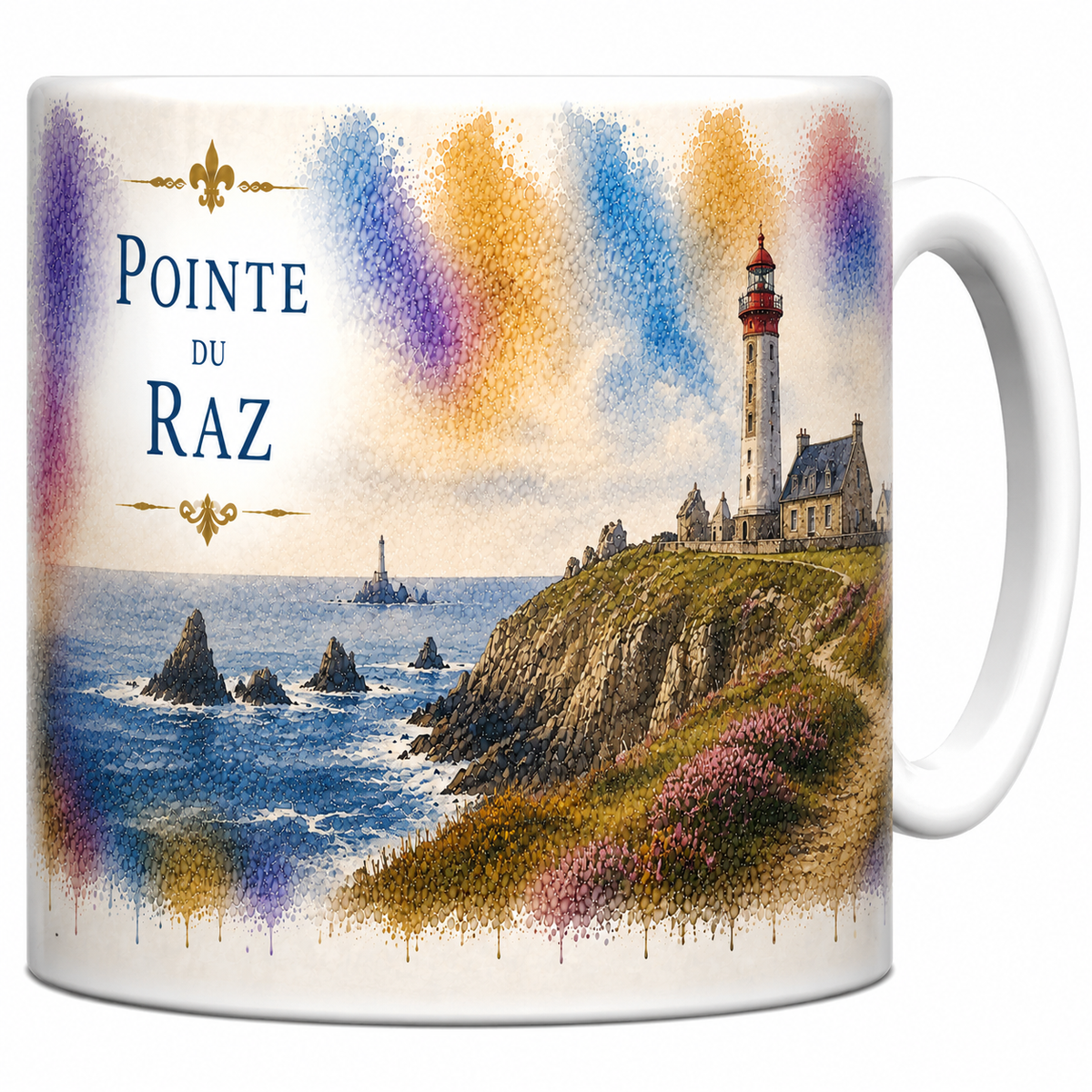 Mug céramique 330 ml Pointe du Raz aquarelle : phare breton sur la falaise et écueils de la mer d'Iroise