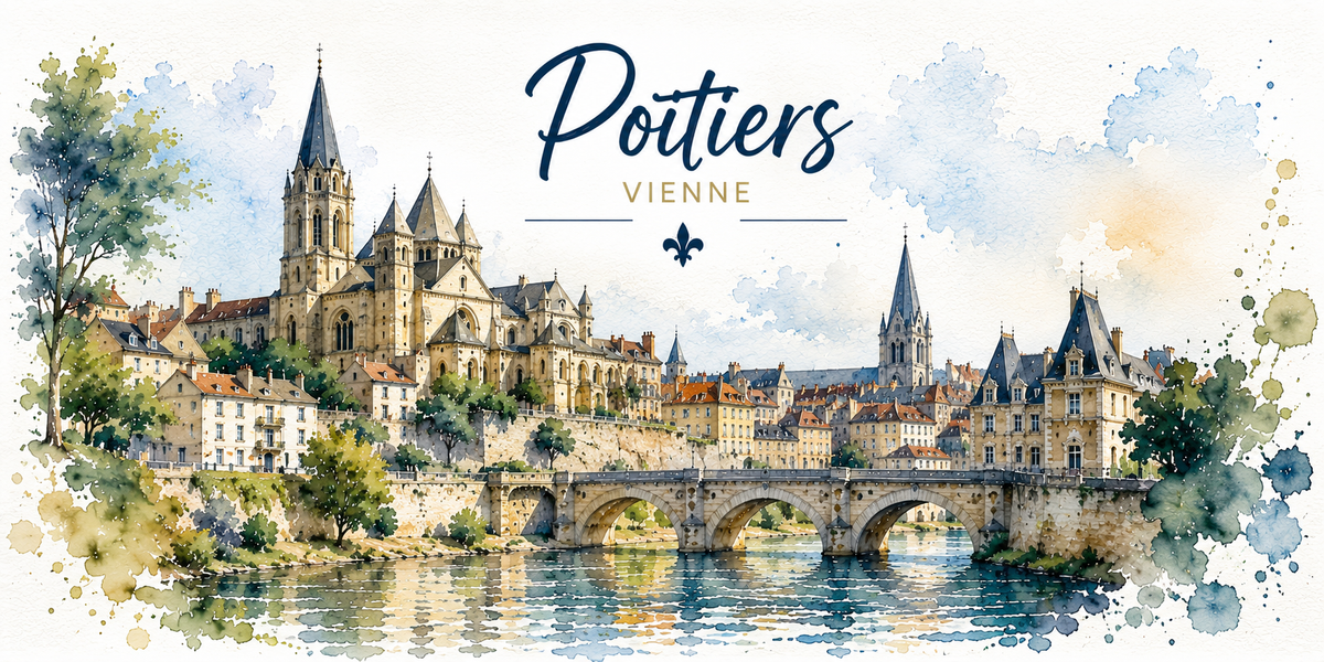 Design du mug Poitiers : clochers romans, pont sur le Clain, titre script bleu, Vienne dorée et fleur de lys