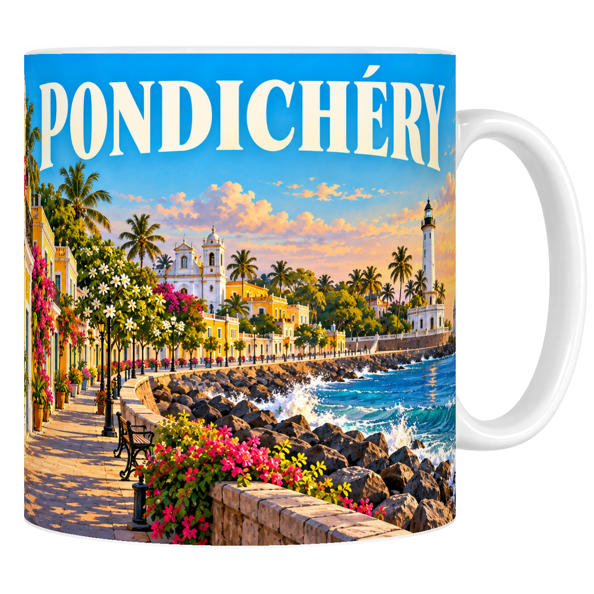 Mug en céramique blanc 330 ml, affiche Pondichéry : façades jaunes à volets, promenade du front de mer et phare