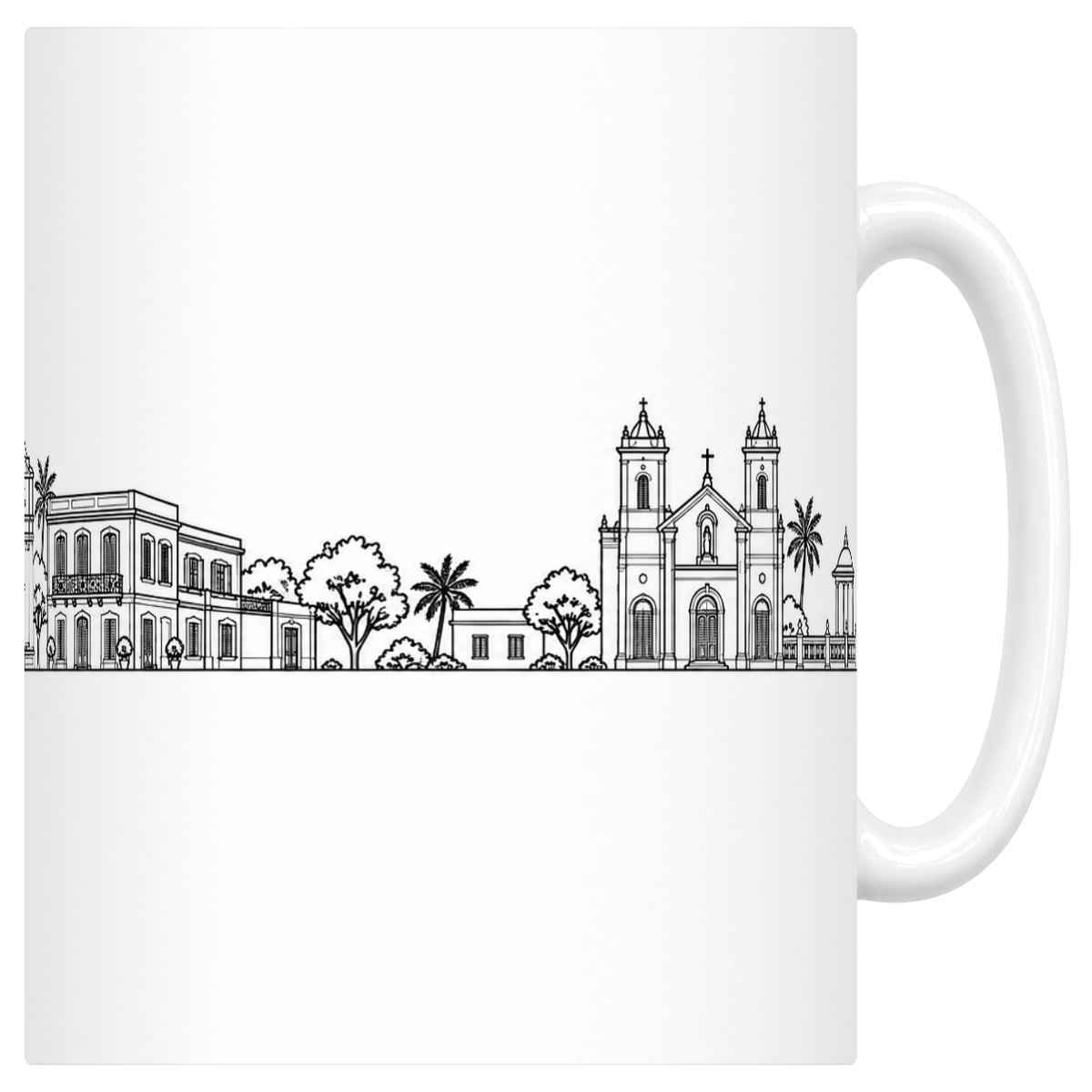 Mug blanc en céramique 330 ml illustré du skyline de Pondichéry au trait noir : le phare, l'arc de triomphe, les maisons coloniales à véranda et la basilique à deux clochers