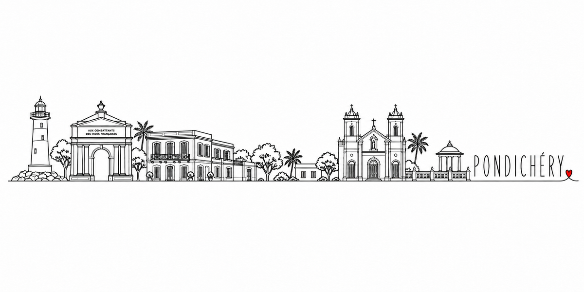 Skyline de Pondichéry dessiné au trait noir continu, de gauche à droite : le phare sur ses rochers, l'arc de triomphe du monument aux morts, les maisons coloniales à véranda et leurs palmiers, les arbres, la basilique et ses deux clochers, le pavillon à coupole sur la promenade — avec le nom PONDICHÉRY en capitales espacées et un petit cœur rouge