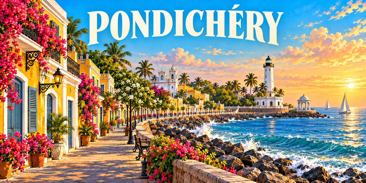 Illustration affiche vintage Pondichéry : façades coloniales jaunes à volets gris, promenade du bord de mer, phare, palmiers et bougainvilliers