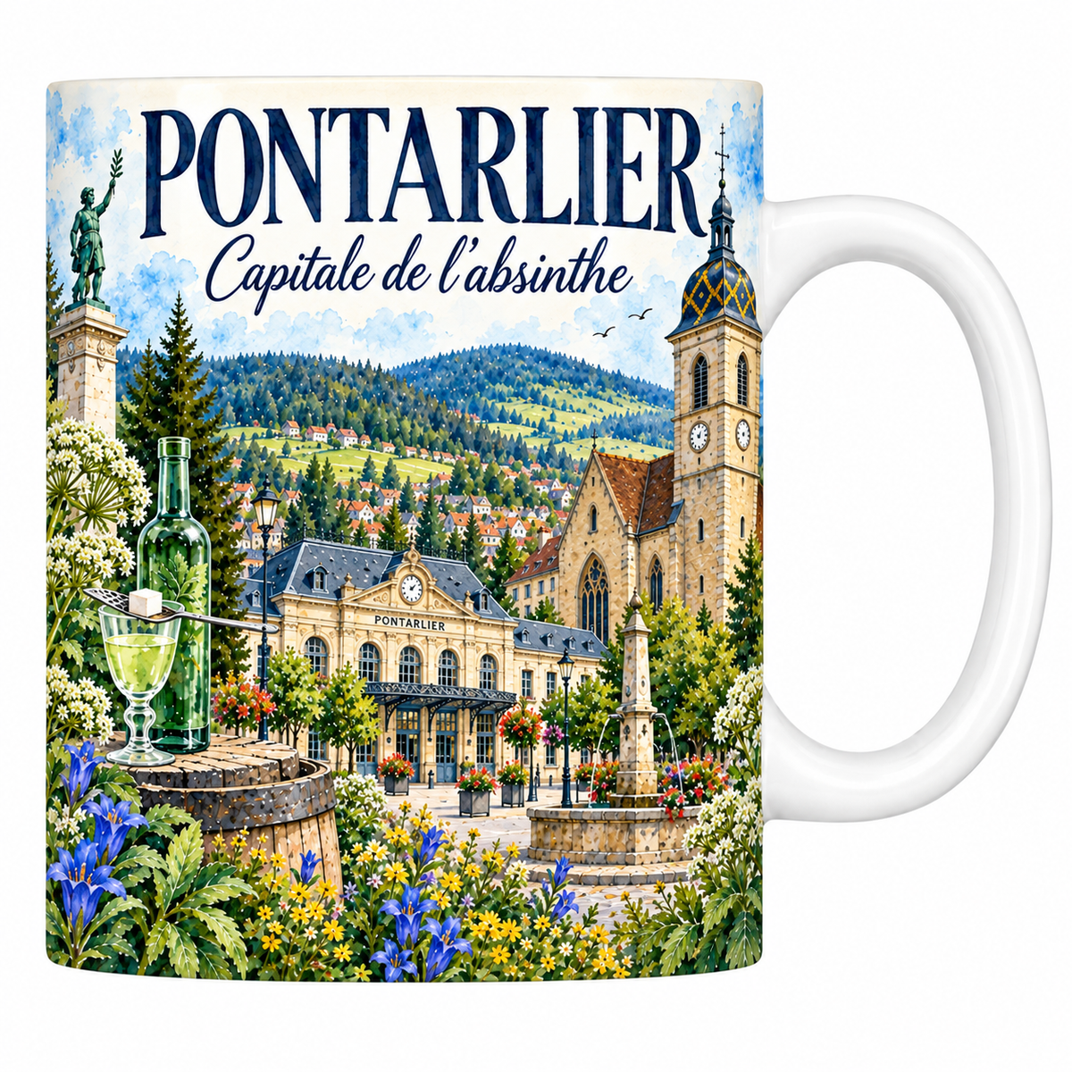 Mug céramique 330 ml Pontarlier : la ville et les monts du Jura en aquarelle