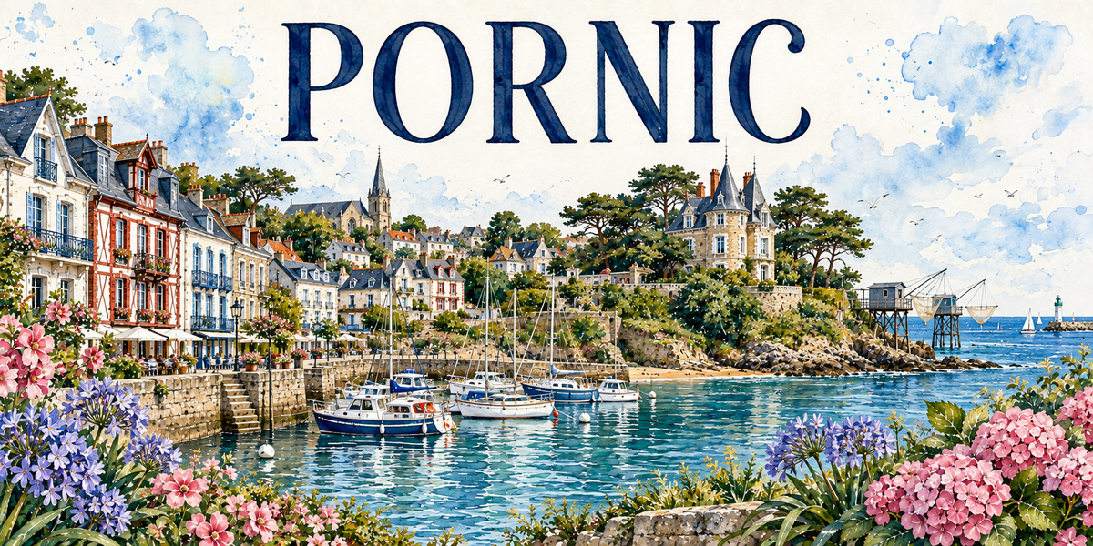 Pornic en aquarelle : villas colorées, voiliers dans la ria, manoir dans les pins et carrelet sur pilotis