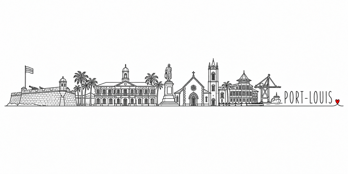 Skyline de Port-Louis, à l'île Maurice, dessiné au trait noir continu, de gauche à droite : le fort en blocs de basalte avec son drapeau et son canon, les palmiers, le grand bâtiment colonial à deux étages d'arcades, une statue sur son socle, la cathédrale et son clocher, les toits retroussés de la pagode chinoise, une grue de port et un navire — avec le nom PORT-LOUIS en capitales espacées et un petit cœur rouge